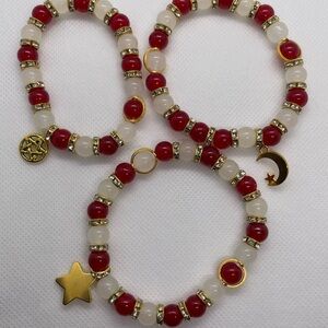 Gold and Red Beaded Charm Bracelets